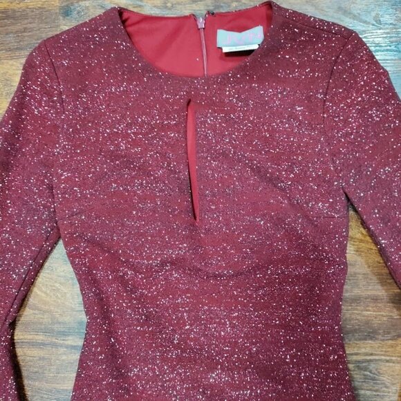 JVN Homecoming Prom Retro 70's Glam Y2K Bell Sleeve Glitter Dress Burgundy XS - Picture 5 of 14